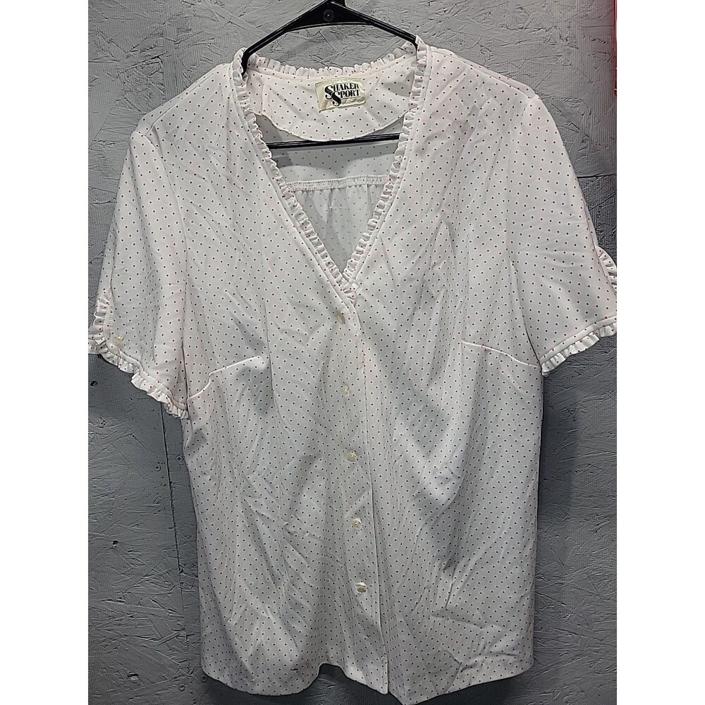 Vtg Shaker‎ Sport Button Up Blouse Mid Century Polka Dot Boho Retro XL